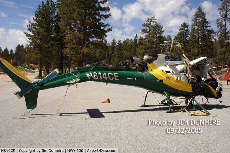 N814CE, 2004 Eurocopter AS-350B-3 Ecureuil Ecureuil C/N 3847, Snow Valley, Ca  After Aircraft Recovery. Waiting to be loaded and transported on a Flat Bed Tractor Trailer