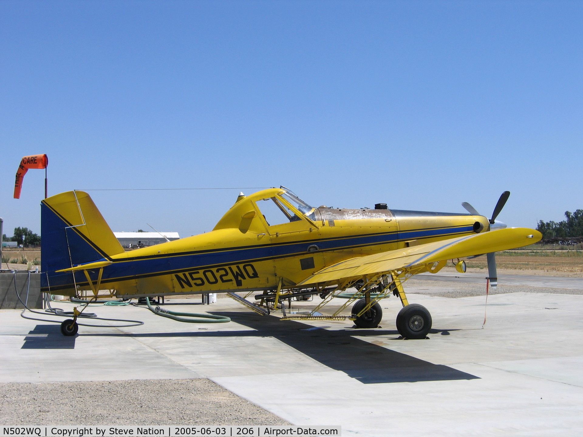 N502WQ, Air Tractor Inc AT-502 C/N 502-0085, Thiel Air Care Air Tractor AT-502 as sprayer at Chowchilla, CA.  This aircraft crashed at 0430 PDT on August 5, 2006 while spraying a field about 5 miles NW of Chowchilla, CA.  The AT-502 impacted the ground inverted and the pilot, tragically, was fatally