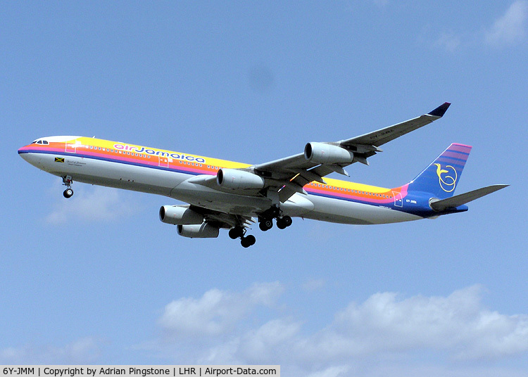 6Y-JMM, 1998 Airbus A340-313 C/N 216, Air Jamaica A340-300 landing at London (Heathrow) Airport in July 2003