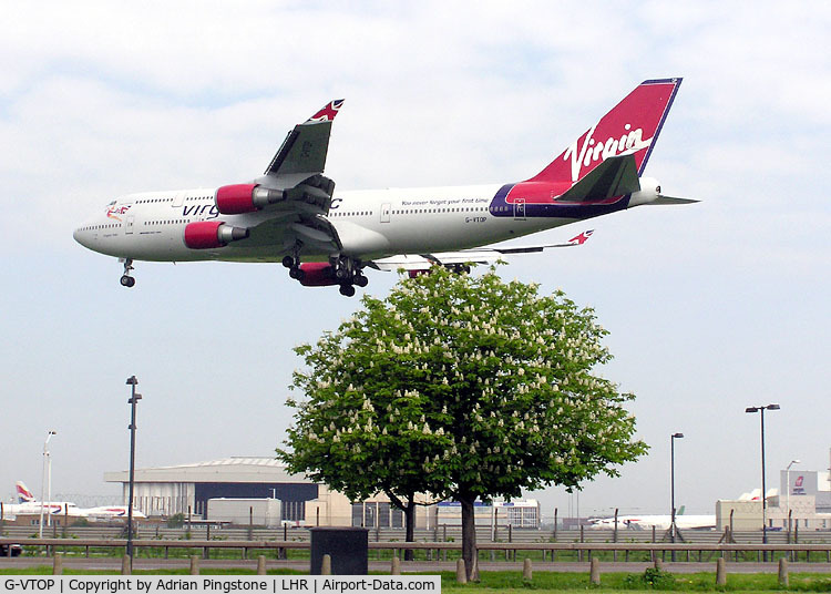 G-VTOP, 1997 Boeing 747-4Q8 C/N 28194, Virgin Atlantic Boeing 747-400 (G-VTOP), a few seconds from touchdown at London (Heathrow) Airport in May 2004