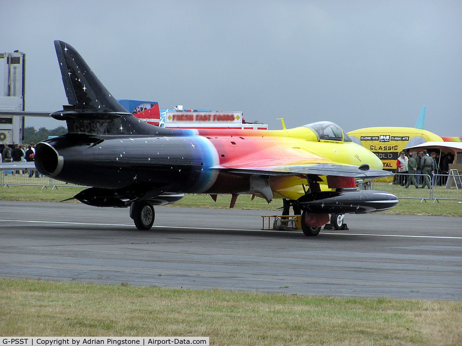 G-PSST, 1959 Hawker Hunter F.58A C/N HABL-003115, A privately-owned Hawker Hunter F.58 (G-PSST, “Miss Demeanour”) powered by one Rolls Royce Avon Mk 207, at Kemble airfield, Kemble, Gloucestershire, England in June 2004