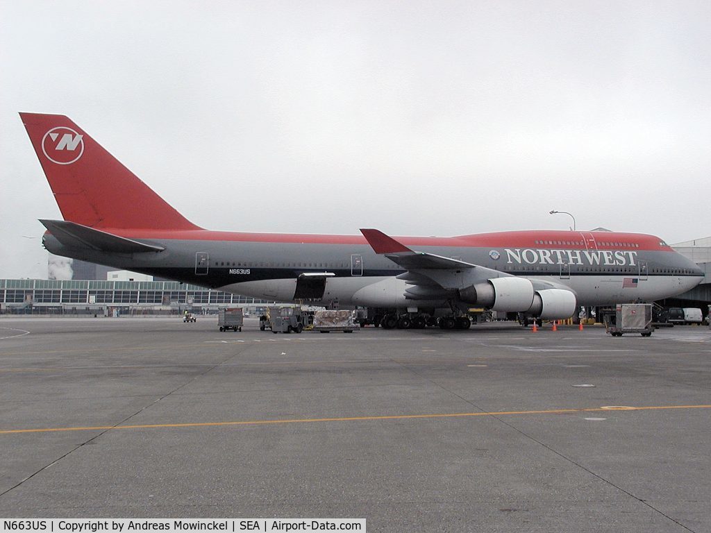 N663US, 1988 Boeing 747-451 C/N 23818, Northwest Airlines Boeing 747 at Seattle-Tacoma International Airport