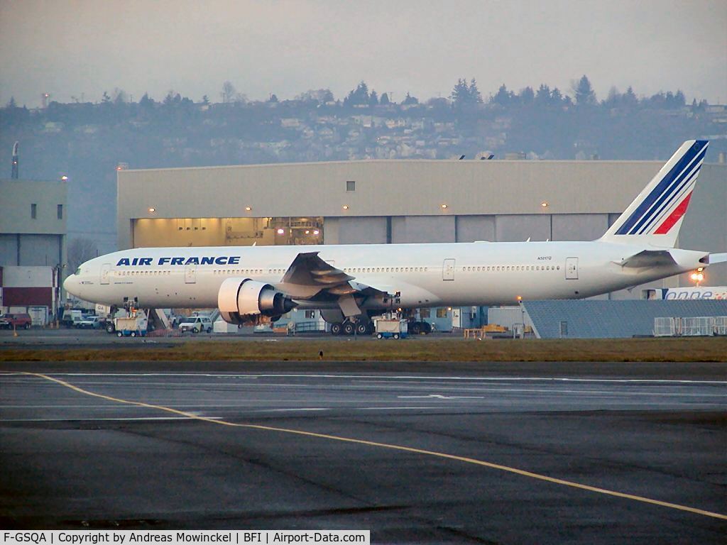 F-GSQA, 2004 Boeing 777-328/ER C/N 32723, First production 777-300ER at Boeing Field Airport. It has Air France paint and a temporary US tail number. It was due for delivery to Air France in June 2004