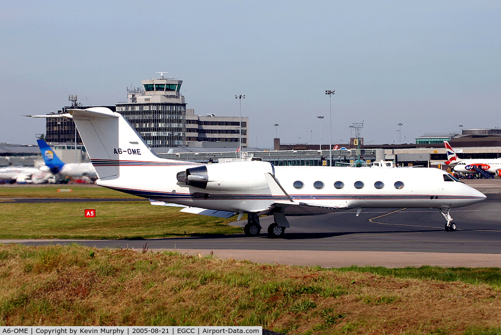 A6-OME, 1993 Gulfstream Aerospace Gulfstream IV-SP C/N 1233, Fine looking aircraft leaving the executive aviation park at MAN.