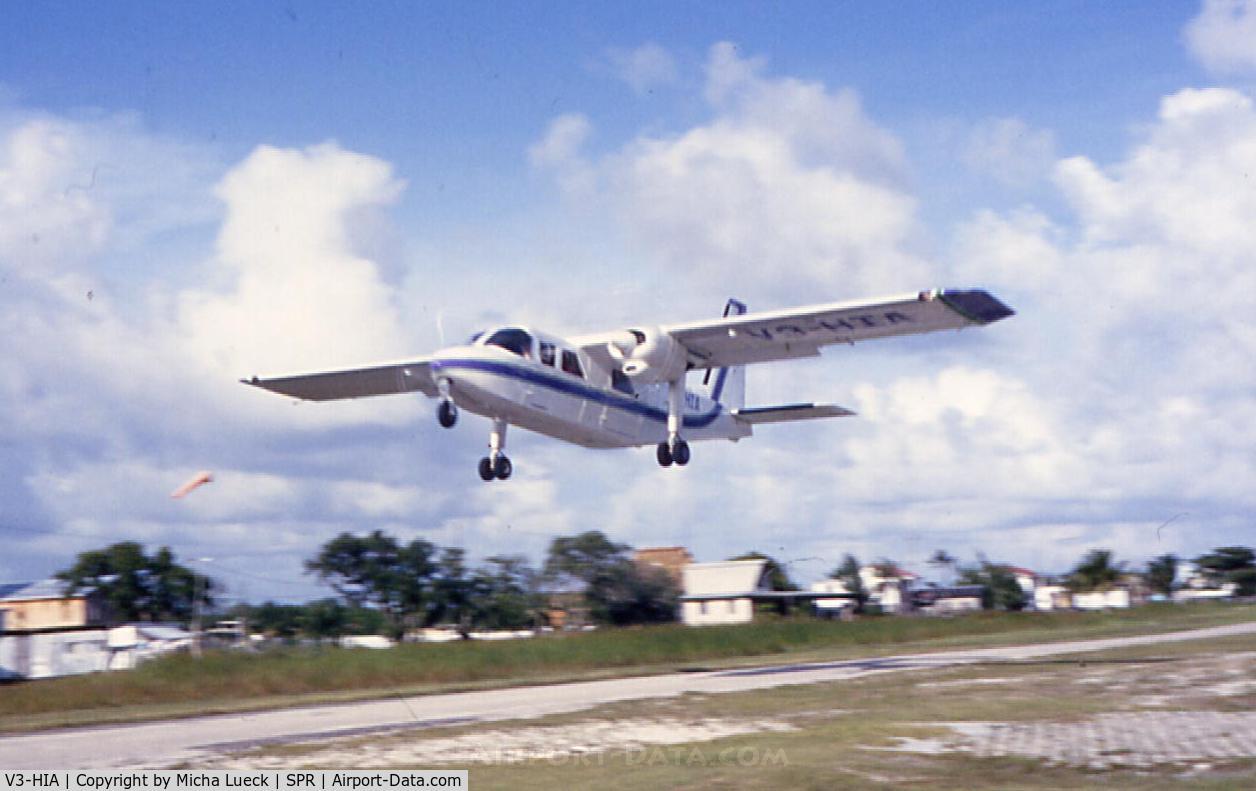 V3-HIA, 1979 Britten-Norman BN-2A-26 Islander C/N 2015, Britten Norman Islander of Island Air taking off at SPR for the 13 minute hop to Belize City Municipal (January 1993)