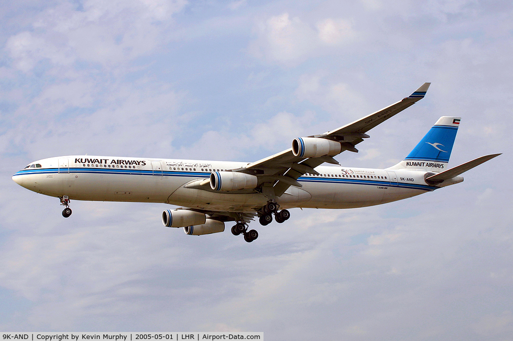 9K-AND, 1995 Airbus A340-313 C/N 104, Kuwait Airways A.340 on short finals to Heathrows 27L.
