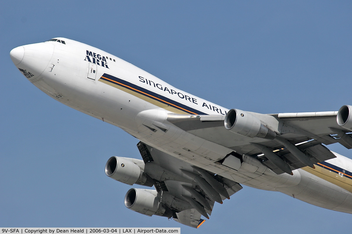 9V-SFA, Boeing 747-412F/SCD C/N 26563, Close-up of Singapore Airlines Cargo 9V-SFA (747-412F/SCD) departing LAX South Complex enroute to Anchorage, Alaska as SQC7965.