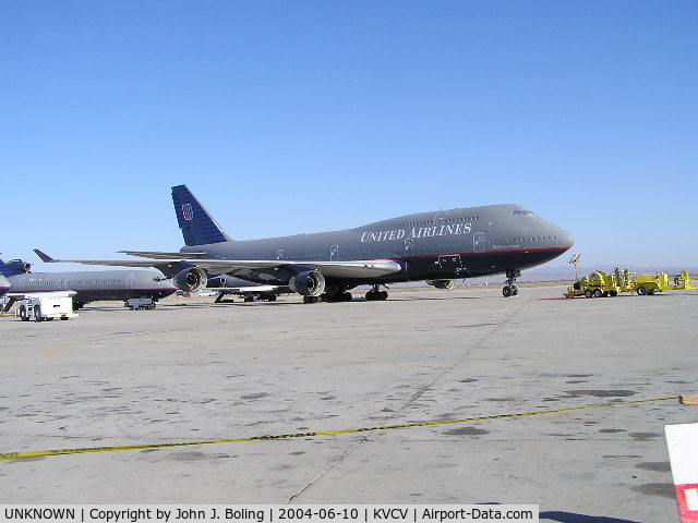 UNKNOWN, Boeing 747 C/N Unknown, Boeing 747-400 in United colors. In storage at KVCV, Note engines removed.
