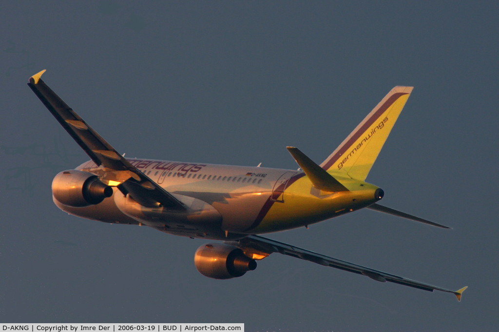 D-AKNG, 1997 Airbus A319-112 C/N 654, Taking off into the sunset from BUD