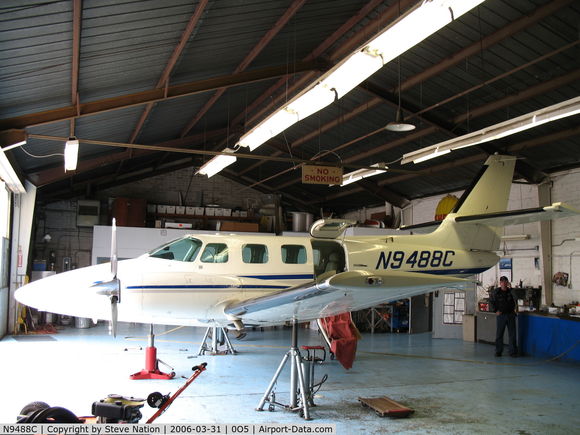 N9488C, 1982 Cessna T303 Crusader C/N T30300180, Cessna T303 on jacks at Davis Air Repair shop @ University Airport, Davis, CA