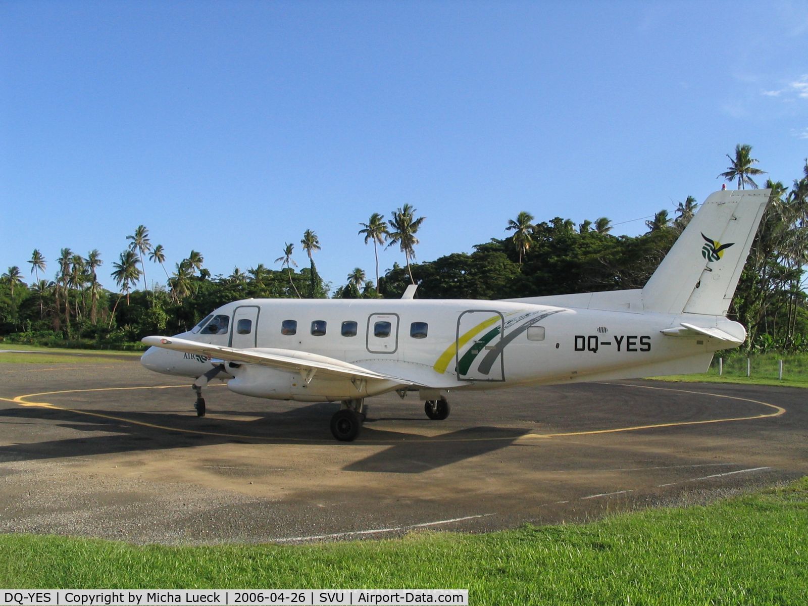DQ-YES, 1980 Embraer EMB-110P2 Bandeirante C/N 110307, Arriving at the small airstrip of Savusavu