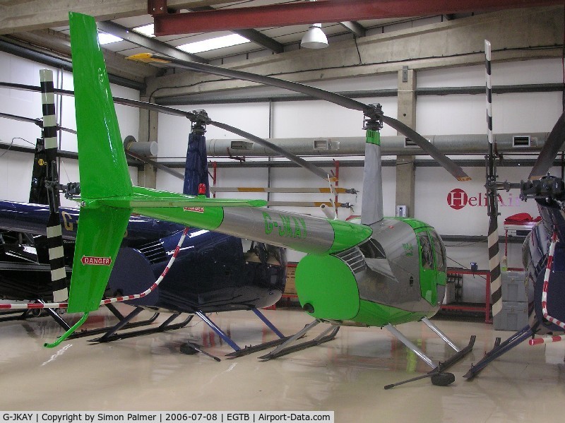 G-JKAY, 2006 Robinson R44 Raven II C/N 11093, Robinson R44 hangared at Booker