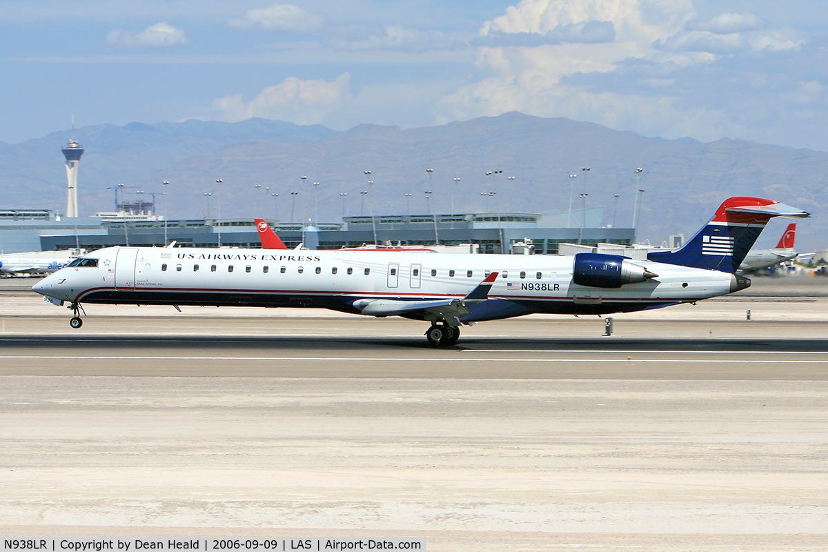 N938LR, 2005 Bombardier CRJ-900ER (CL-600-2D24) C/N 15038, US Airways Express (Mesa Airlines) N938LR (FLT ASH2969) from Los Angeles Int'l (KLAX) landing on RWY 25L.