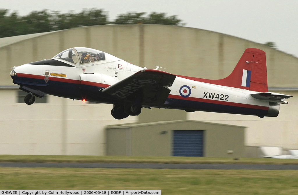 G-BWEB, 1971 BAC 84 Jet Provost T.5A C/N EEP/JP/1044, Now on civil aircraft register, this JP gets airborne for its display at Kemble Air Day 2006.