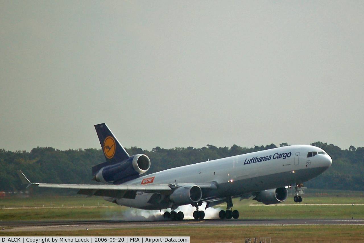 D-ALCK, 2000 McDonnell Douglas MD-11F C/N 48803, Burning rubber in Frankfurt