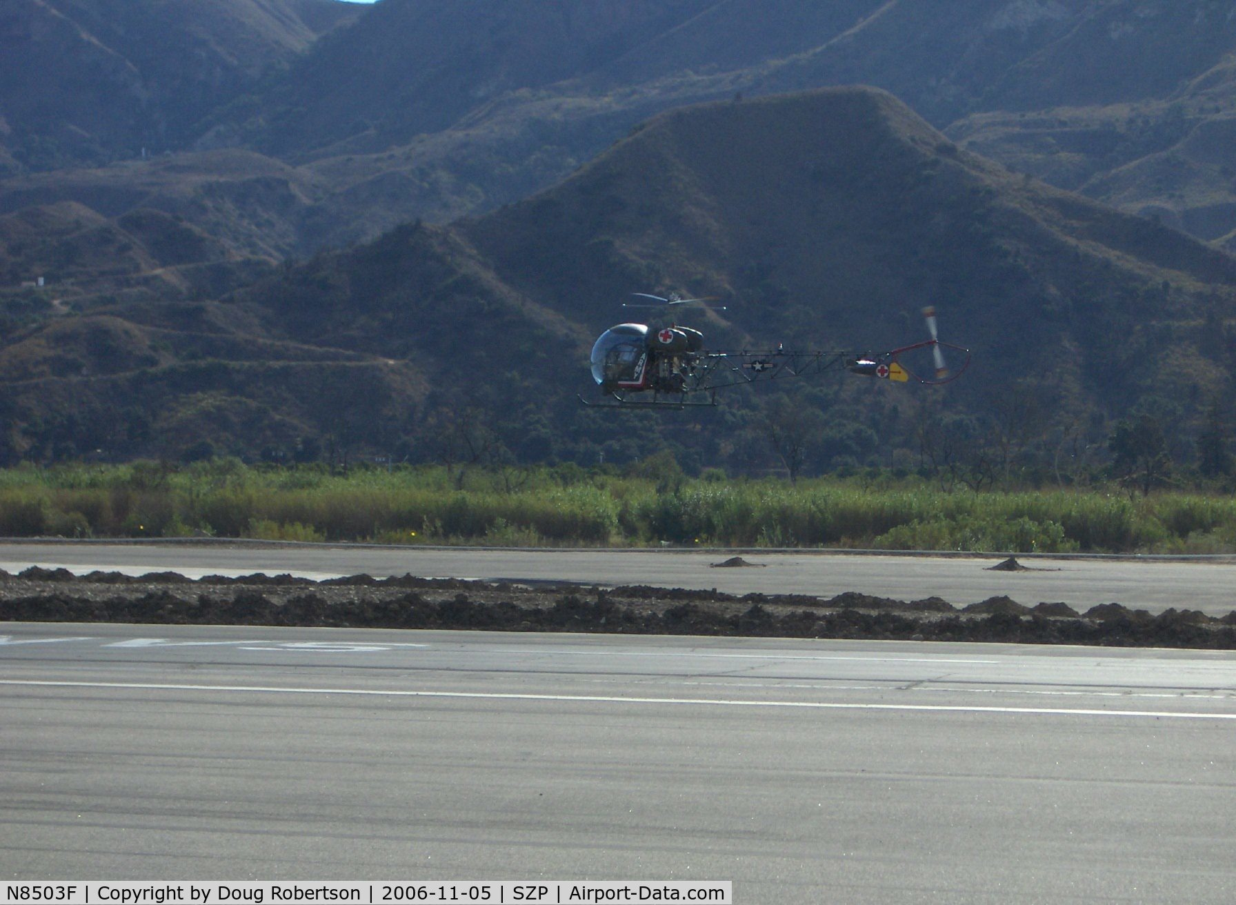 N8503F, 1965 Bell 47G-4 C/N 3350, 1965 Bell 47G-4, Lycoming VO-540 305 Hp, hover approach over SZP's Helipad for landing