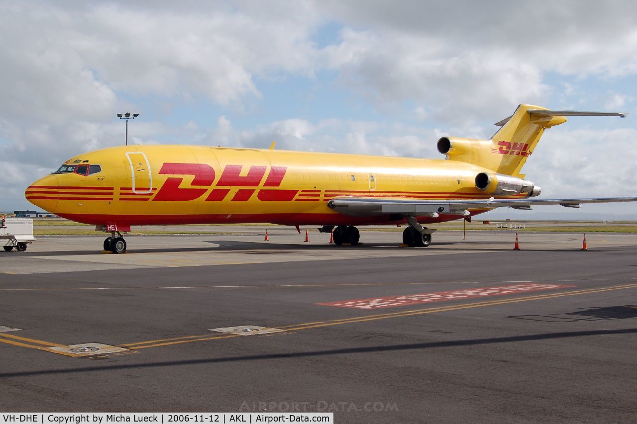 VH-DHE, 1980 Boeing 727-2J4F C/N 22080, While increasingly rare in passenger services, the good old B 727 is still abundant in cargo services, such as this DHL example spotted in Auckland