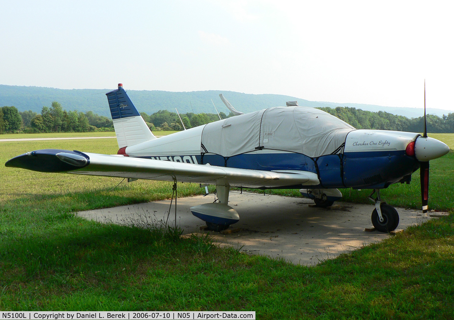 N5100L, 1967 Piper PA-28-180 C/N 28-4372, Blue 1967 Cherokee Archer One-eighty amid the green surroundings of Hackettstown, NJ.