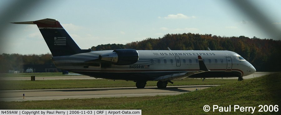 N459AW, 2003 Bombardier CRJ-200LR (CL-600-2B19) C/N 7863, Not down for long, staying busy as she makes her way to the runway
