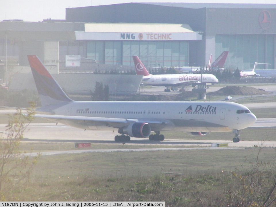 N187DN, 1996 Boeing 767-332/ER C/N 27582, Delta flight to JFK holding short of runway 18R at Ataturk Airport, Istanbul, Turkey.