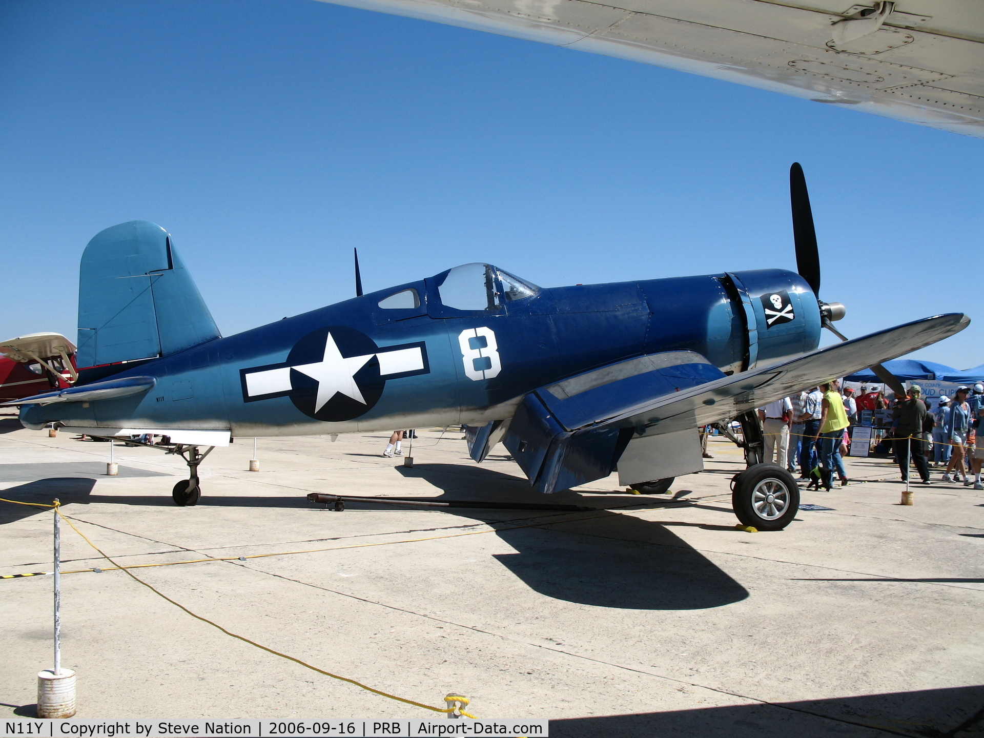 N11Y, Goodyear FG-1D Corsair C/N Not found (67087/N11Y), CC Air Corp. Goodyear FG-1D BuAer 67097 #8 with skull & cross bones on display during airshow @ Paso Robles Municipal Airport, CA