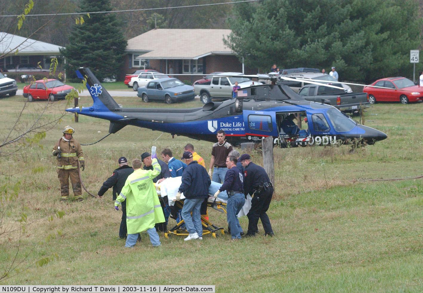 N109DU, Agusta A-109E C/N 11503, Agusta Spa A109E picking up a patient after a police chase went bad at the Va.-N.C. line.The police cruiser was totaled along with others not involved in the chase.