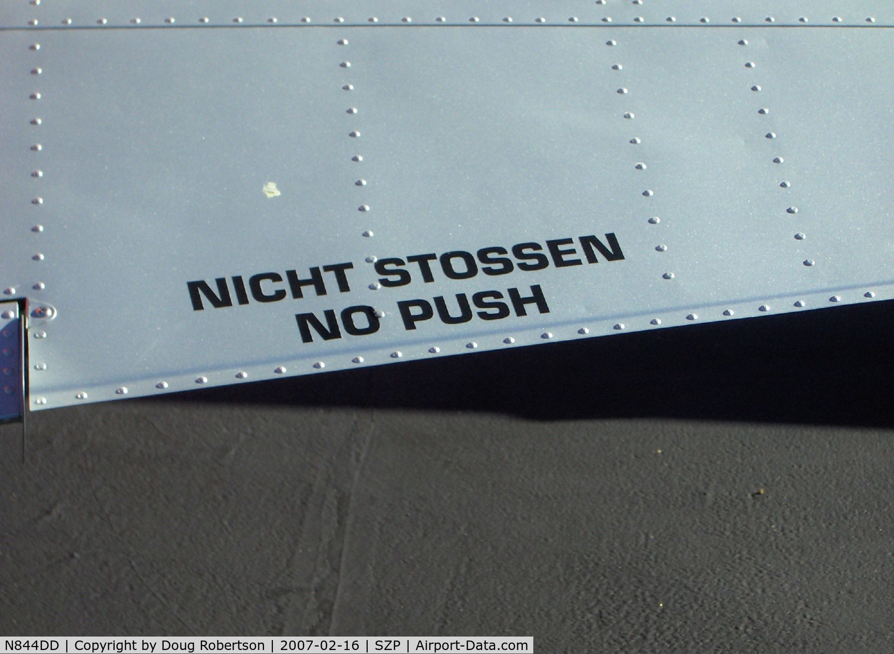 N844DD, 1958 Pilatus P-3 MK II C/N 452-1, Pilatus P.3-05 Swiss Air Force Intermediate Trainer, Lycoming GO-435-C&D 260 Hp, warning on horizontal stabilizer