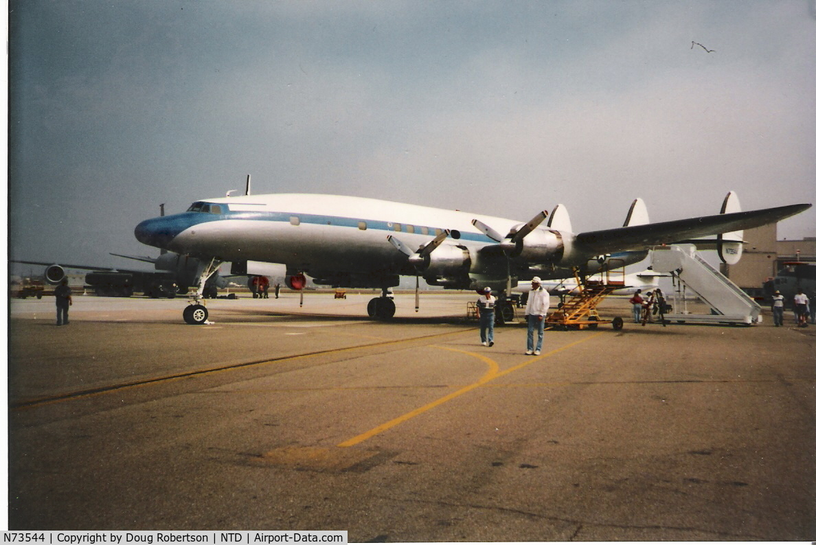 N73544, 1955 Lockheed C-121C Super Constellation (L-1049F) C/N 1049F-4175, 1955 Lockheed C-121C SUPER CONSTELLATION Ex 'Camarillo Connie', Ex originally USAF transport, four Wright TC18EA (USAF R-3350-93) 3,650 Hp each. Swiss-based Ex 'Star of Switzerland' on loan/purchase contract. Now called 'Breitling Super Constellation'.