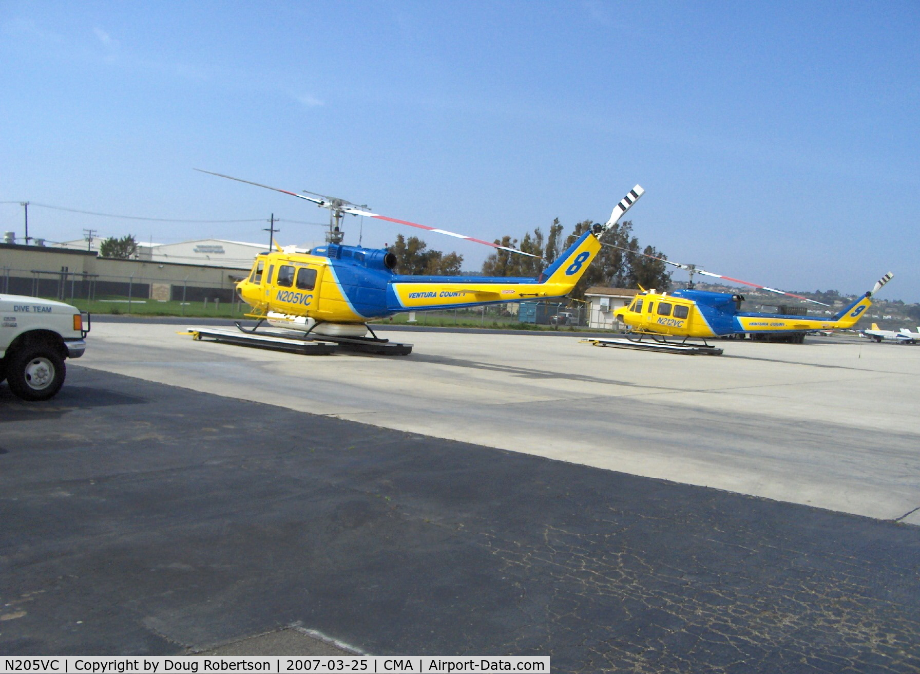 N205VC, 1969 Bell 205A-1 C/N 30066, 1969 Bell 205A-1, one 1,400 shp AVCO Lycoming T5313A turboshaft derated to 1,250 shp for takeoff, Ventura County Sheriff's Department #8, with N212VC in right background