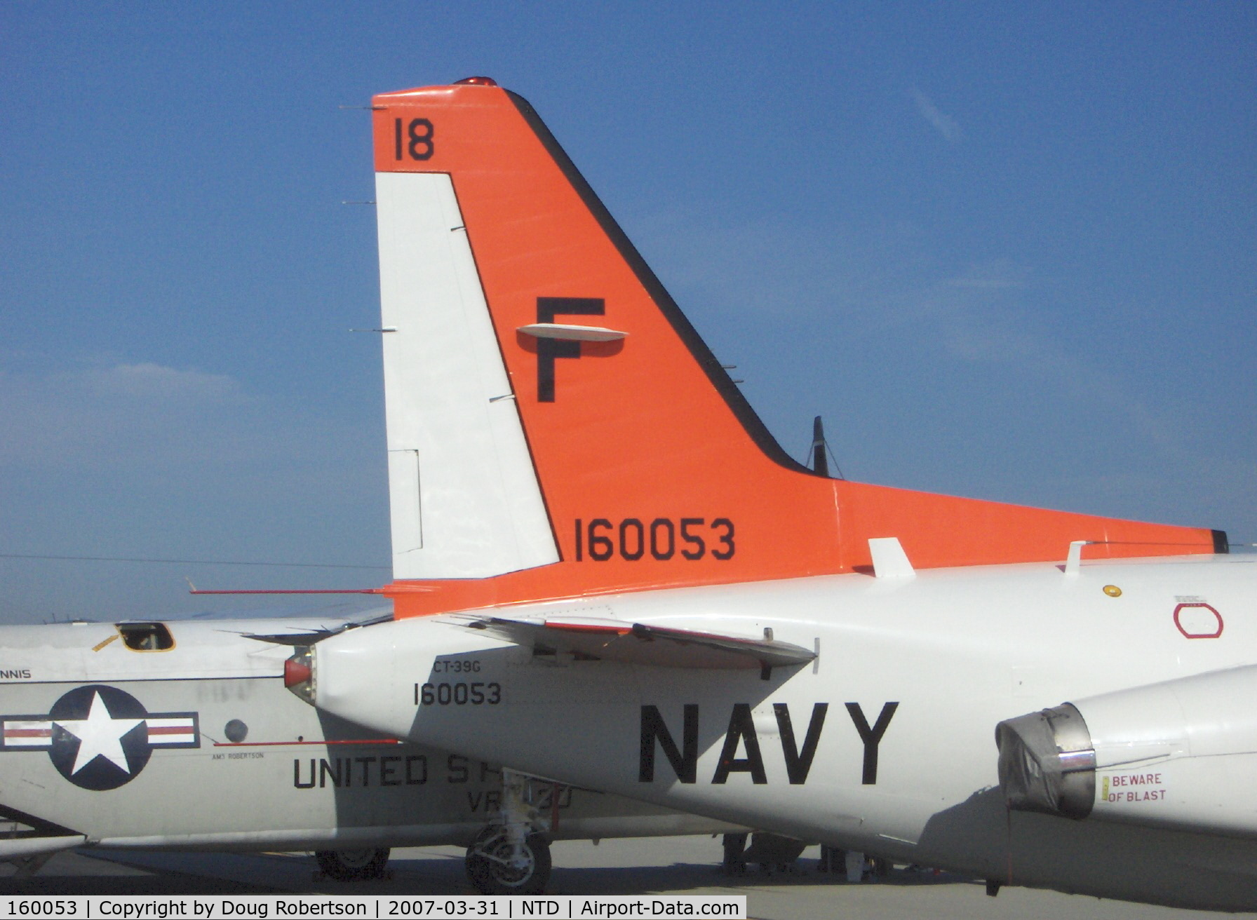 160053, North American Rockwell CT-39G (N-265) Sabreliner C/N 306-104, North American Rockwell CT-39G SABERLINER, two P&W J60 (JT12)-8 3,300 lb st each. Tail data with USN Bureau Number. (Design a bit long in the tooth?)
