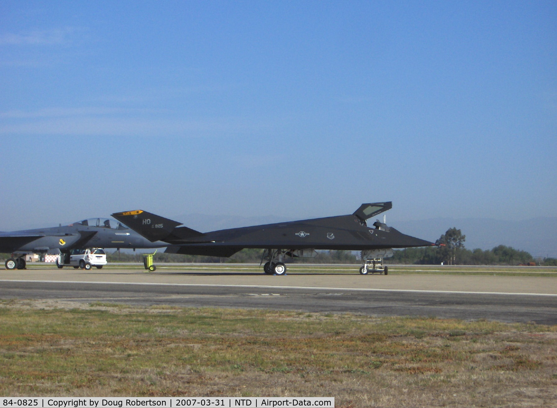 84-0825, 1984 Lockheed F-117A Nighthawk C/N A.4039, USAF Lockheed F-117A NIGHTHAWK stealth technology fighter-bomber of 49th Fighter Wing, two General Electric F404-GE-F1D2 non-afterburning Turbofans 10,809 lb st each, principal weapons: GBU-10/GBU-12 Paveway II or GBU-27 Paveway III laser-guided bombs