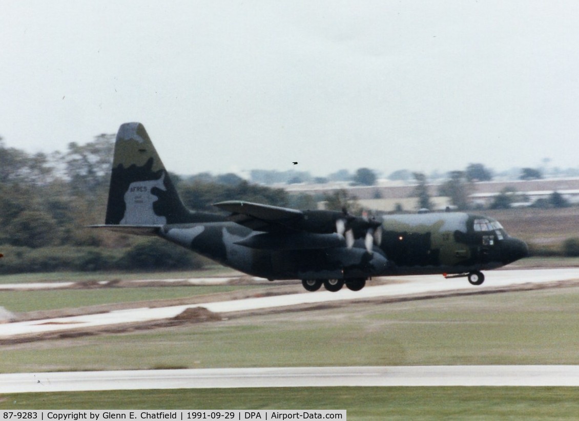 87-9283, 1987 Lockheed C-130H Hercules C/N 382-5124, C-130H making a low pass on RY 28, seen from the control tower