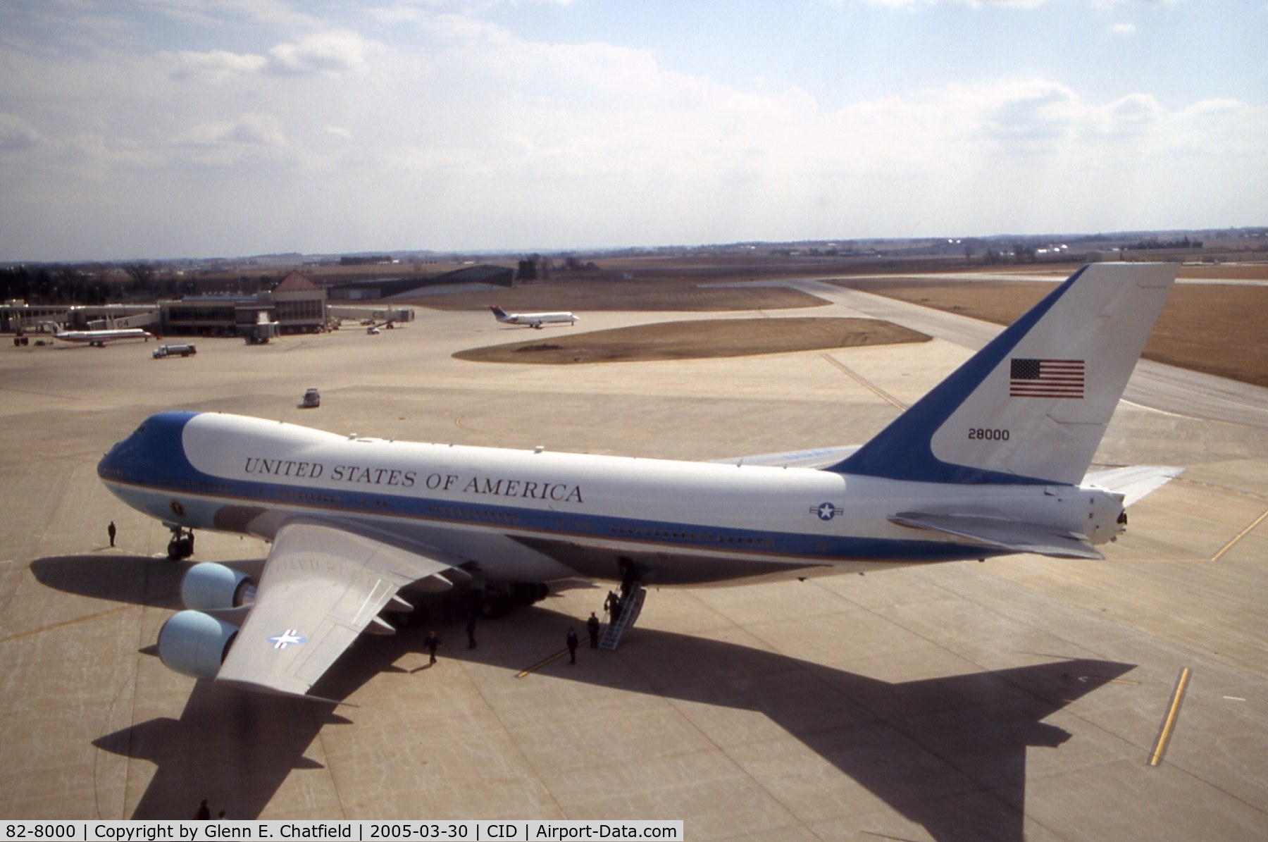 82-8000, 1987 Boeing VC-25A (747-2G4B) C/N 23824, Air Force One parked on the cargo ramp below the control tower