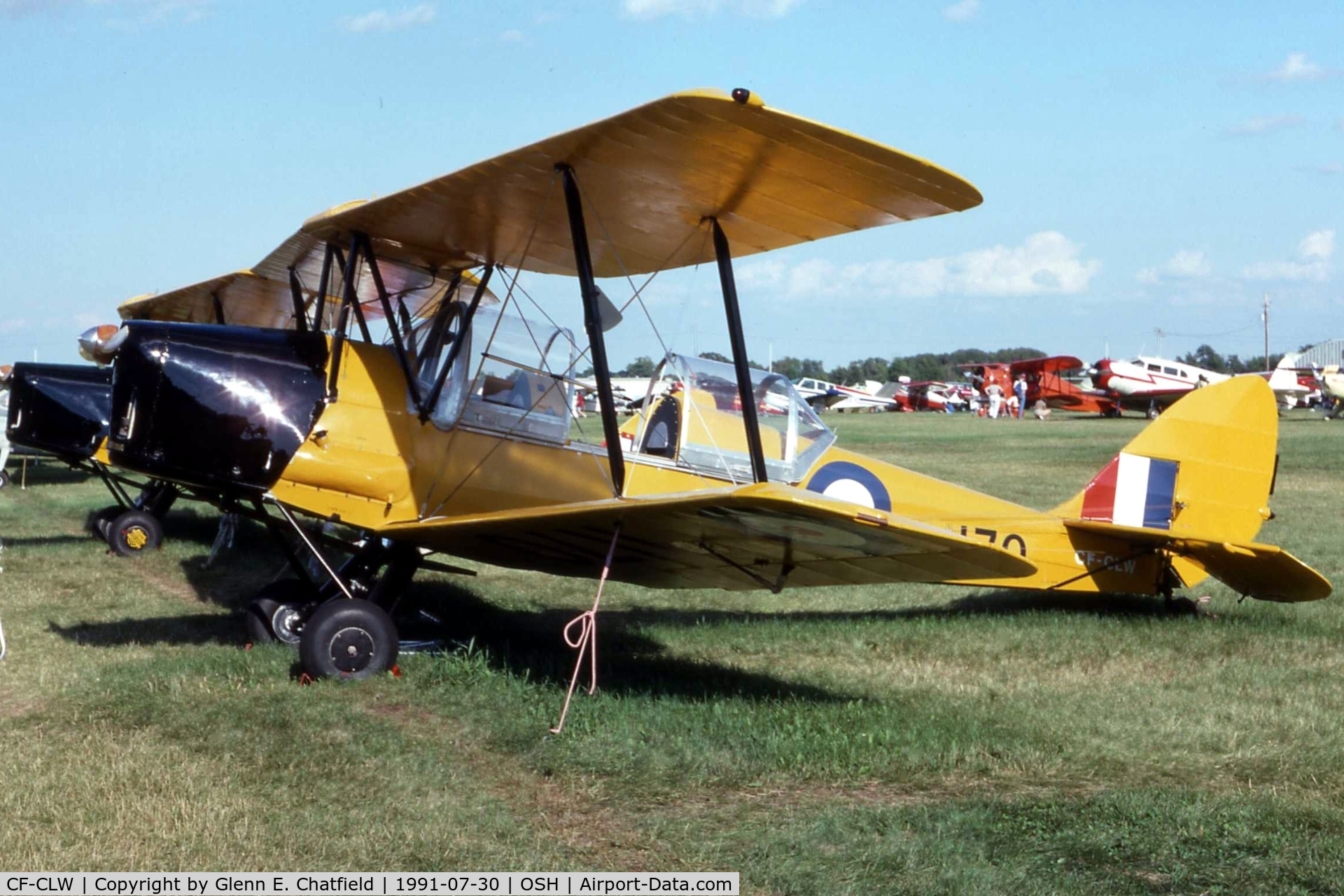 CF-CLW, 1941 De Havilland Canada DH-82C Tiger Moth C/N DHC1373, This aircraft was one of 200 PT-24s, purchased for Lend-Lease.  It had been assigned RCAF s/n 1170, then purchased by USAAF as 42-1034, turned over to the RAF as FE170, and given to the RCAF.