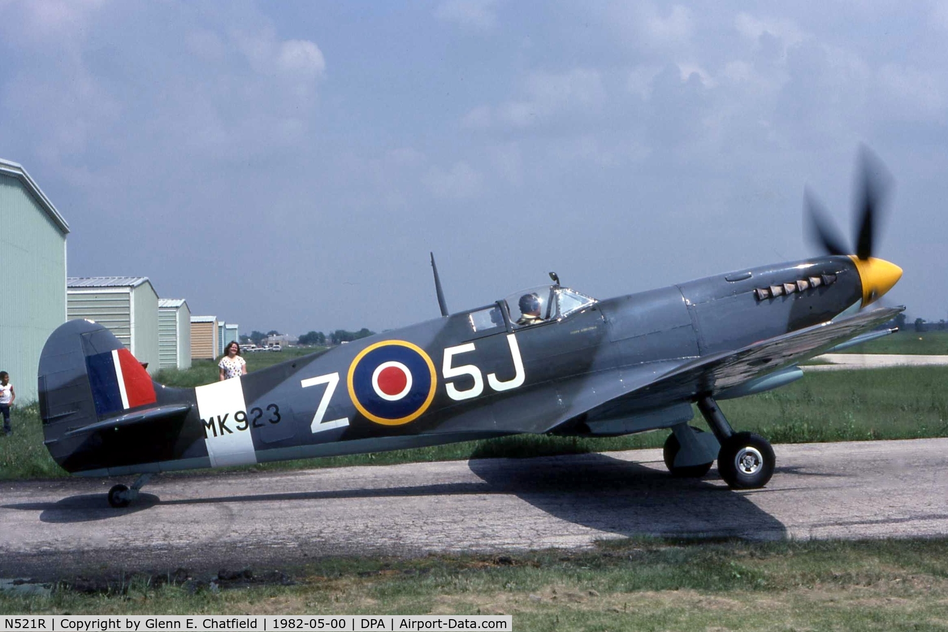 N521R, 1943 Supermarine 361 Spitfire LF.IXc C/N CBAF.IX.1886, Pilot Jerry Billing, taking Cliff Robertson's Spitfire from its hangar at DPA to Canada.  It was a fluke that I was driving by and saw it running.