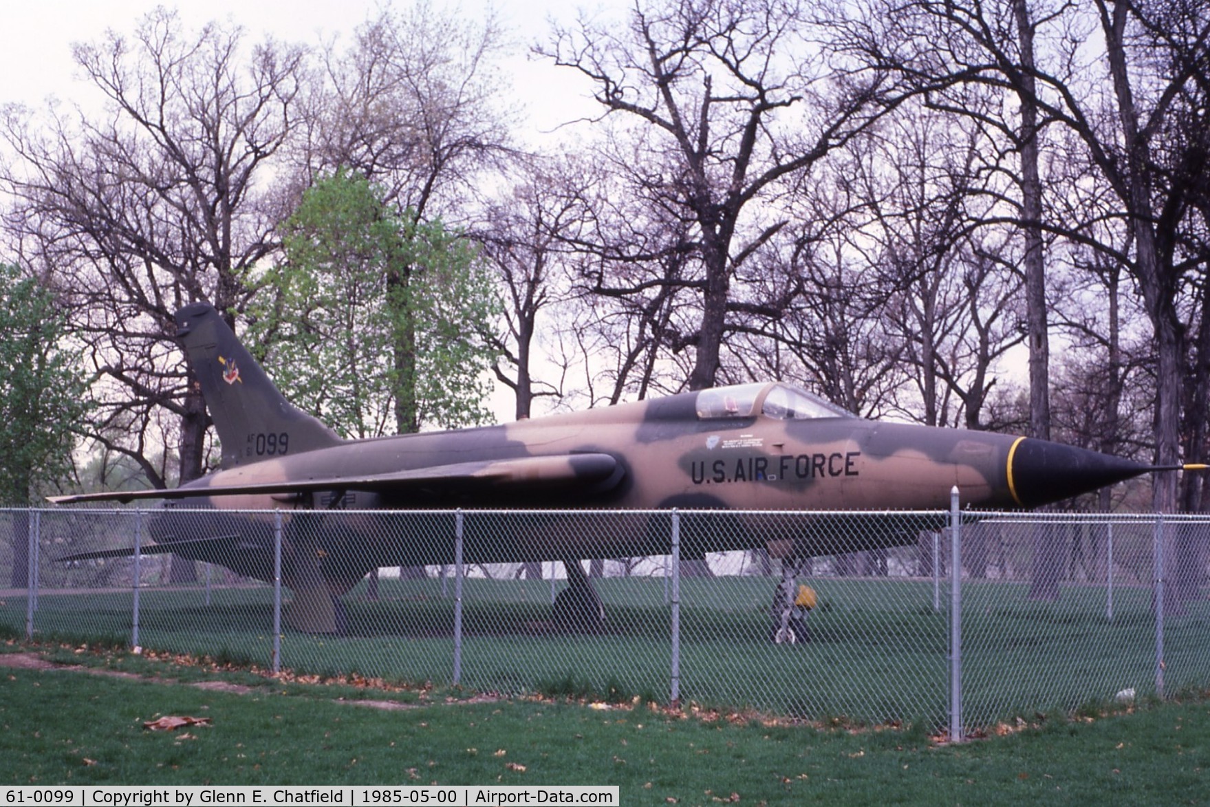 61-0099, 1961 Republic F-105D-15-RE Thunderchief C/N D294, F-105D at Phillips Park, Aurora, IL.  It replaces P-80 45-8357.  Now at Aurora Airport, Air Classics Museum