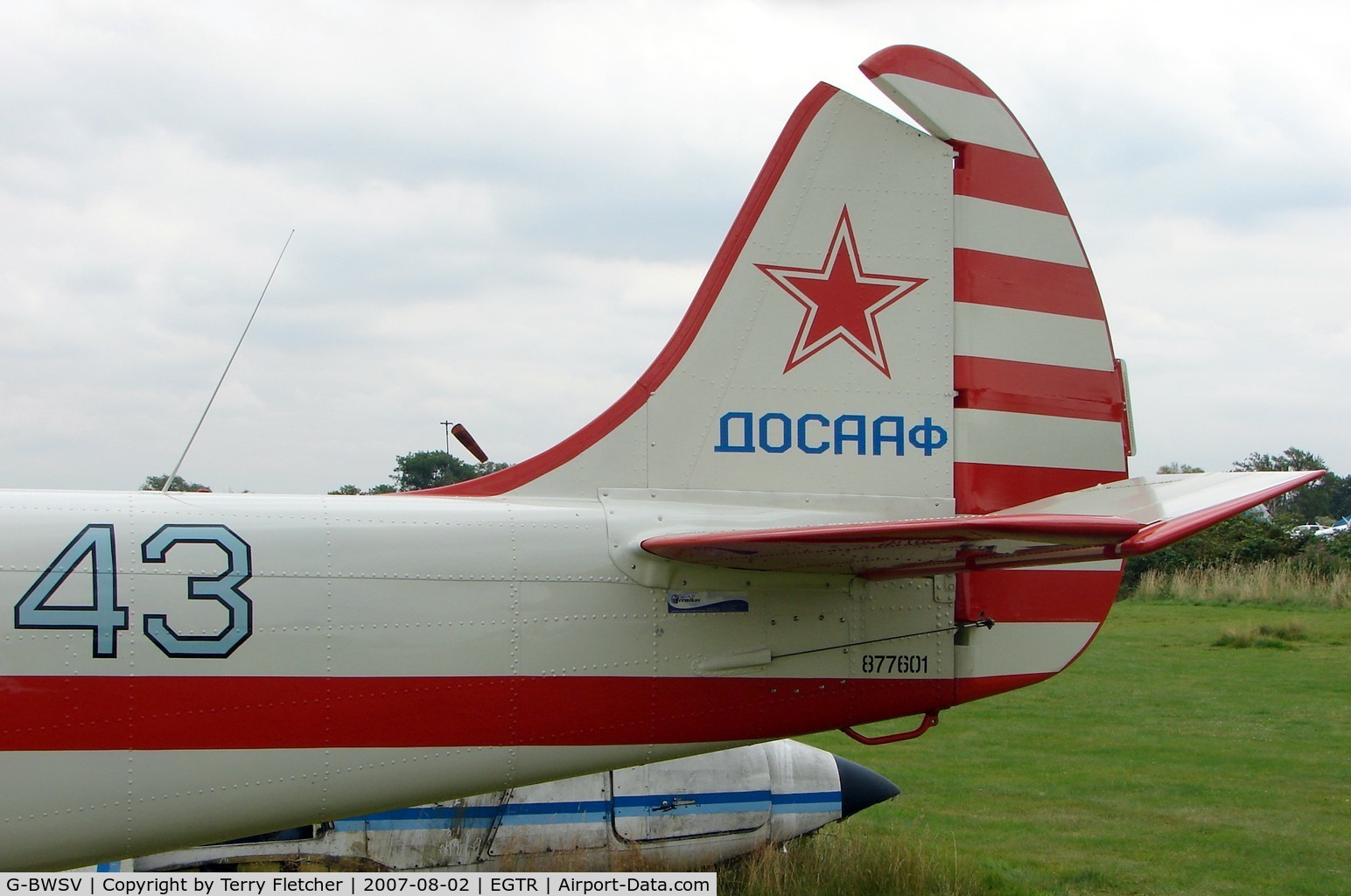 G-BWSV, 1987 Bacau Yak-52 C/N 877601, Yak 52 Blue 43 wears its c/n under the tail