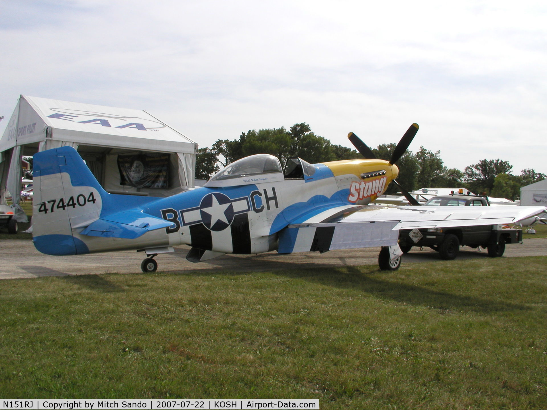 N151RJ, North American P-51D Mustang C/N 44-74404, This photo was taken 5 days before the runway landing accident at OSH took place. Pilot Casey Odegaard was uninjured but tragically Gerald Beck, pilot of the other P-51 was fatally injured.