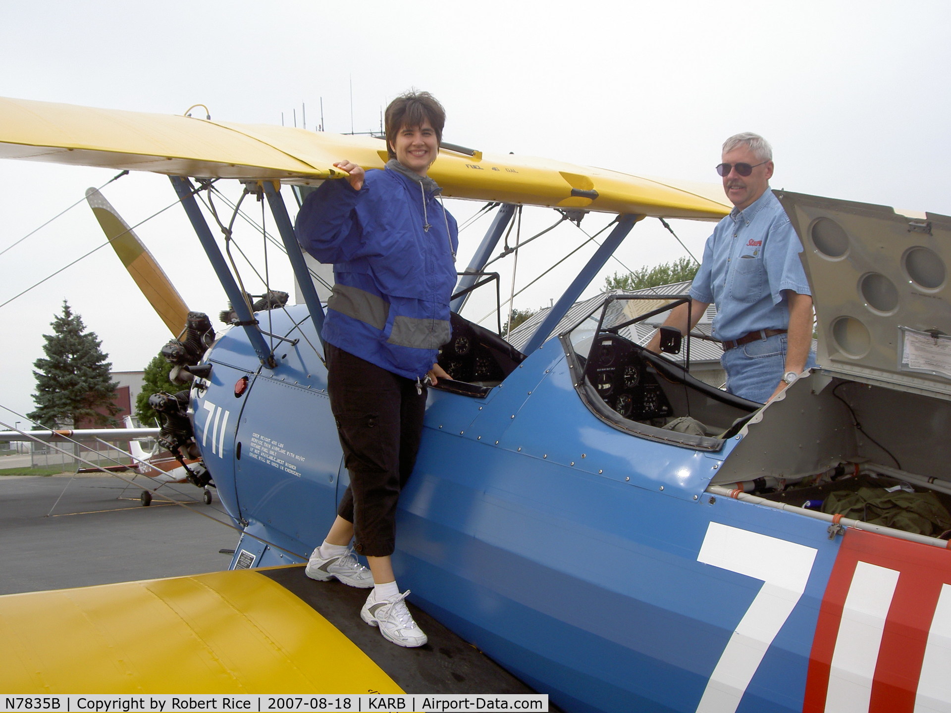 N7835B, Boeing A75N1(PT17) C/N 75-4587, Jennifer Rice about to take a ride with Chris Dackson at Great Commission Air open house Fundraiser