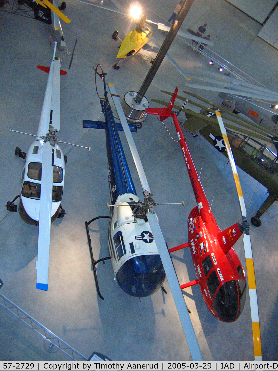 57-2729, 1957 Bell UH-13J Sioux C/N 1576, National Air and Space Museum, Bell H-13J-BF Sioux, used by President Eisenhower, Bell 47 N116B is on the left and Robinson R44 G-MURY on right