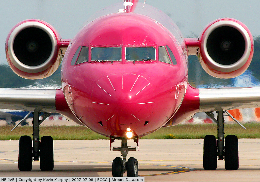 HB-JVE, 1993 Fokker 100 (F-28-0100) C/N 11459, Face to face with the pink and slender thing