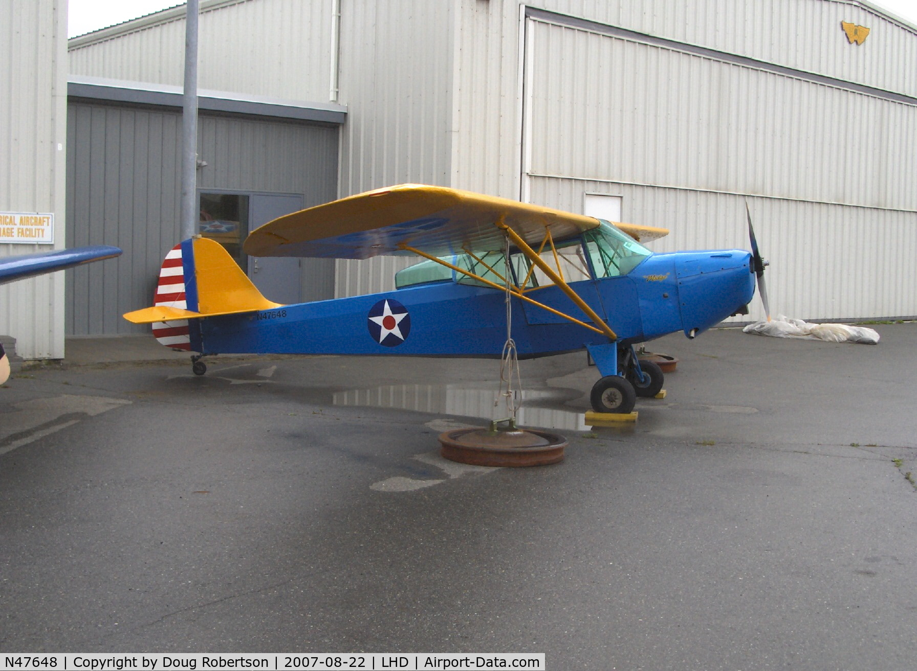 N47648, 1943 Taylorcraft DCO-65 C/N 5416, 1943 Taylorcraft DCO as L-2A-TA GRASSHOPPER liaison, Continental A&C65 65 Hp, tandem seating, at Alaska Aviation Heritage Museum