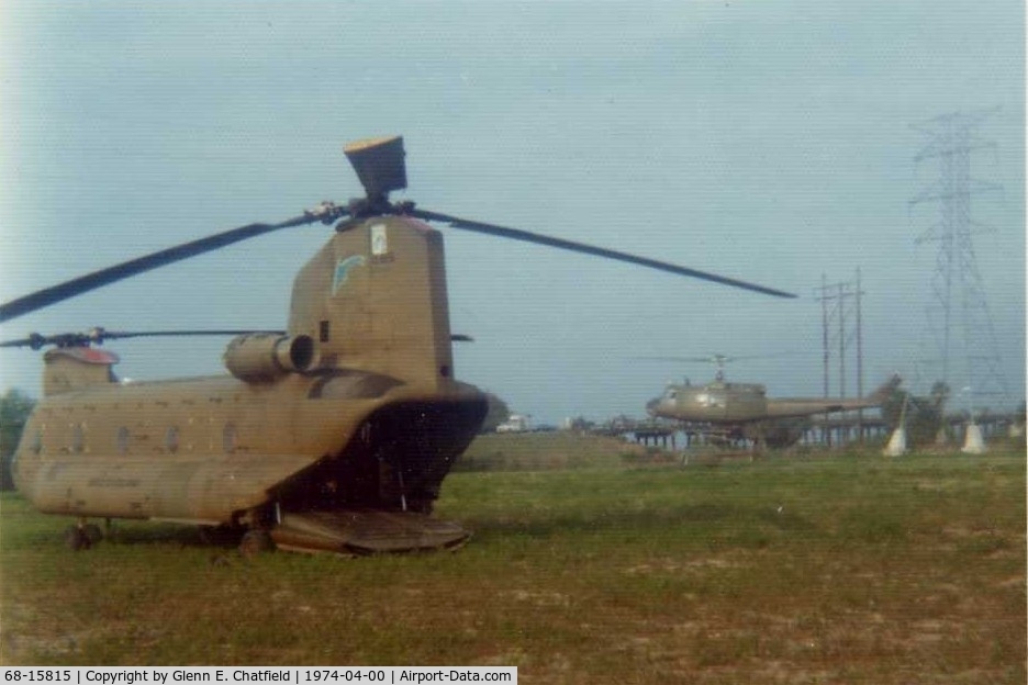 68-15815, 1968 Boeing Vertol CH-47C Chinook C/N B.527, 196th Aviation Company CH-47C ready to take troops and Jeep back from Hilton Head, SC.  UH-1 in background belongs to 35th Engineer Group.  Across the channel from Hilton Head Island.