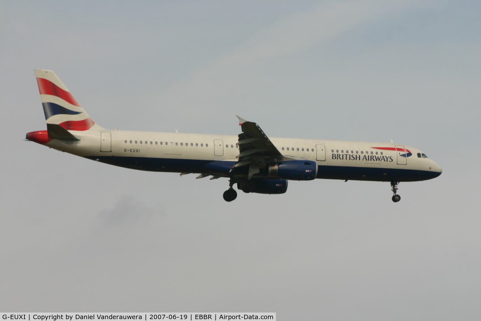 G-EUXI, 2005 Airbus A321-231 C/N 2536, flight BA392 is descending to rwy 02