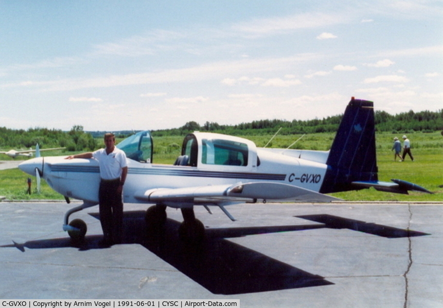 C-GVXO, 1979 American Aviation AA-5A Traveler C/N AA5A-0786, Aircraft on the day I sold it in 1991 (after 4 years) at Sherbrooke Airport, Quebec, Canada