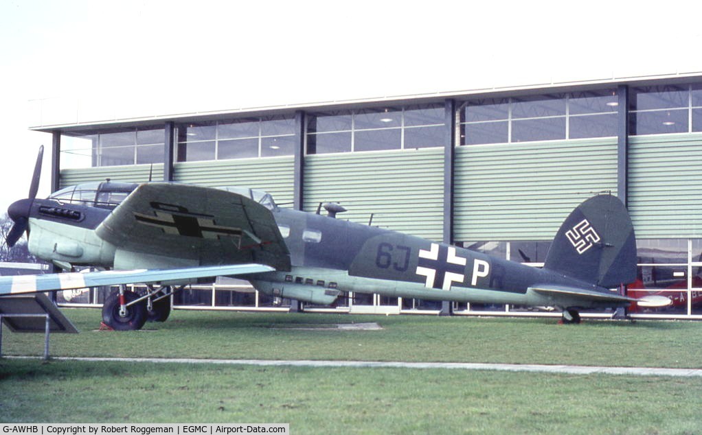 G-AWHB, 1951 CASA 2-111D C/N 167, CASA-2.111B B.2I-37.Painted in Luftwaffe colors 6J+PR.In former Historic Aircraft Museum Southend.Early 1970's.