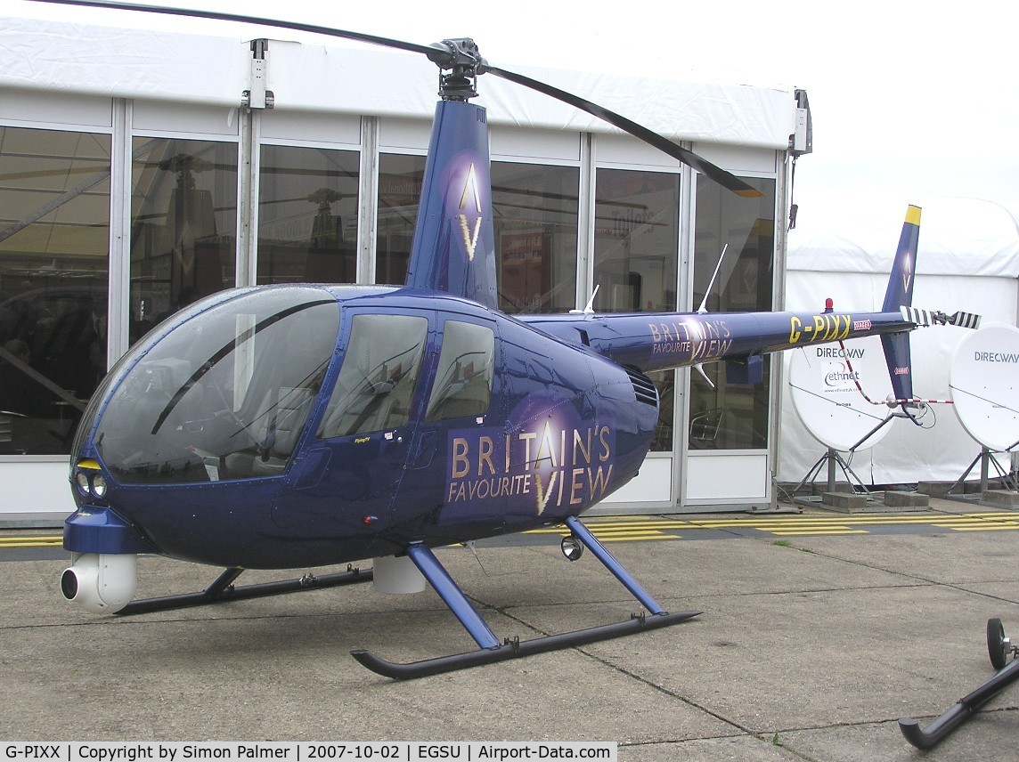 G-PIXX, 2004 Robinson R44 Raven II C/N 10263, R44 with TV cameras, exhibited at Helitech 2007