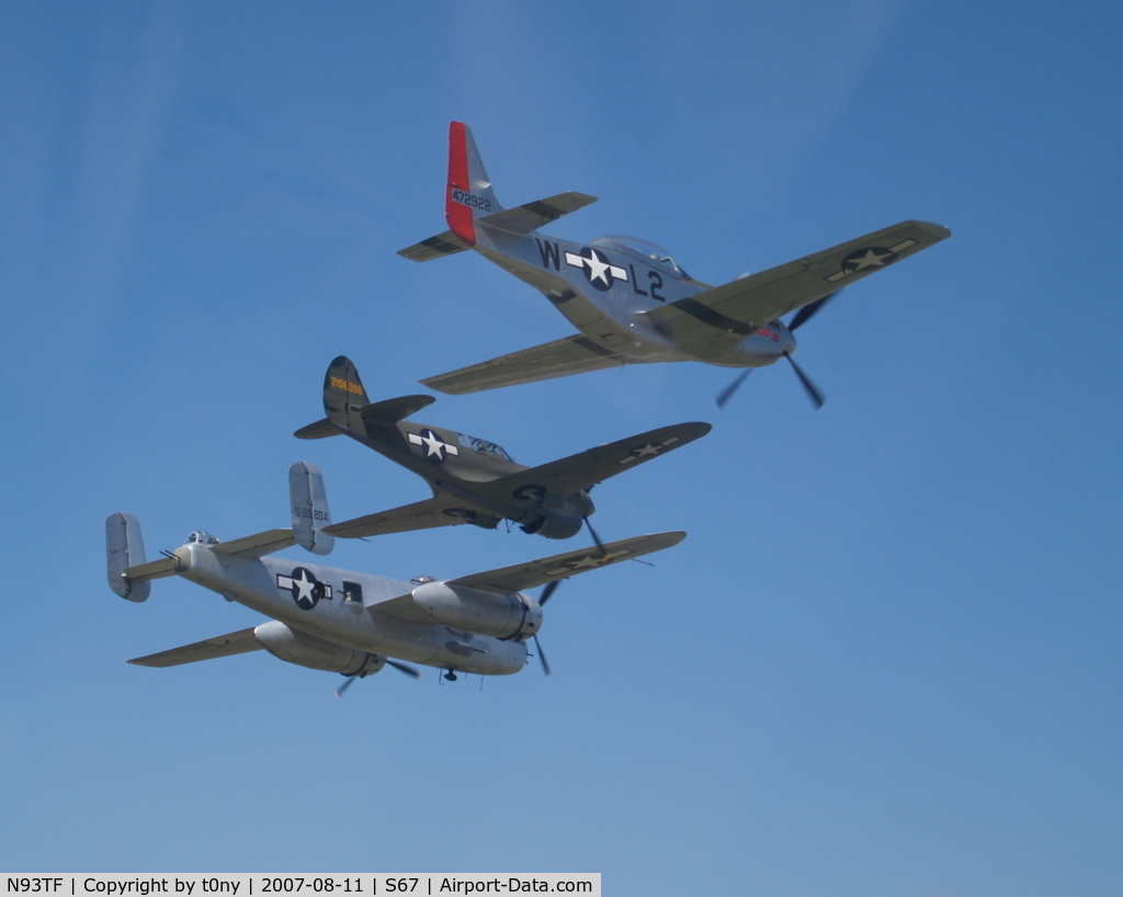 N93TF, 1944 North American TF-51D Mustang C/N 122-39381, A B-25, P-40, and a P-51 in formation at the Warhawk Air Museum's B-25 day event