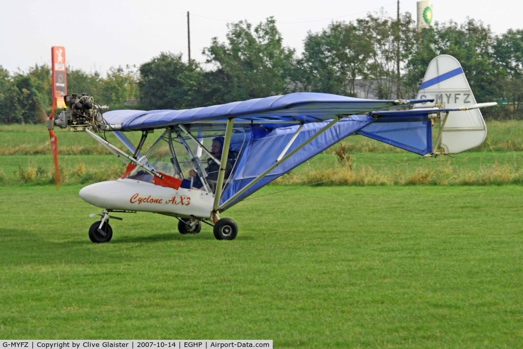 G-MYFZ, 1992 Cyclone Airsports AX3/503 C/N C 2083048, Originally owned to and a trustee of, G-MYFZ Flying Group in October 1992 and currently with a trustee of, Buzzard Flying Group in July 1996. De-registered and permanently withdrawn from use by the CAA in June 2009.