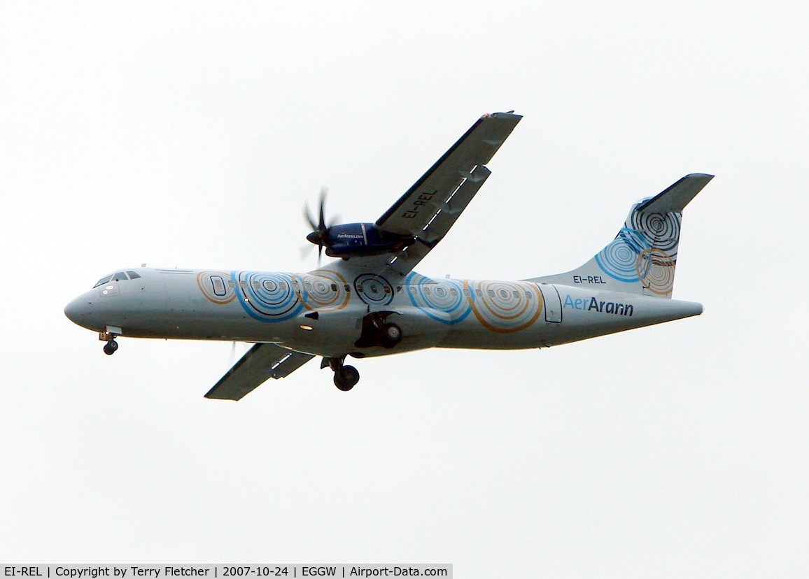 EI-REL, 2007 ATR 72-212A C/N 748, The colouful new Aer Arran scheme against a grey Luton sky